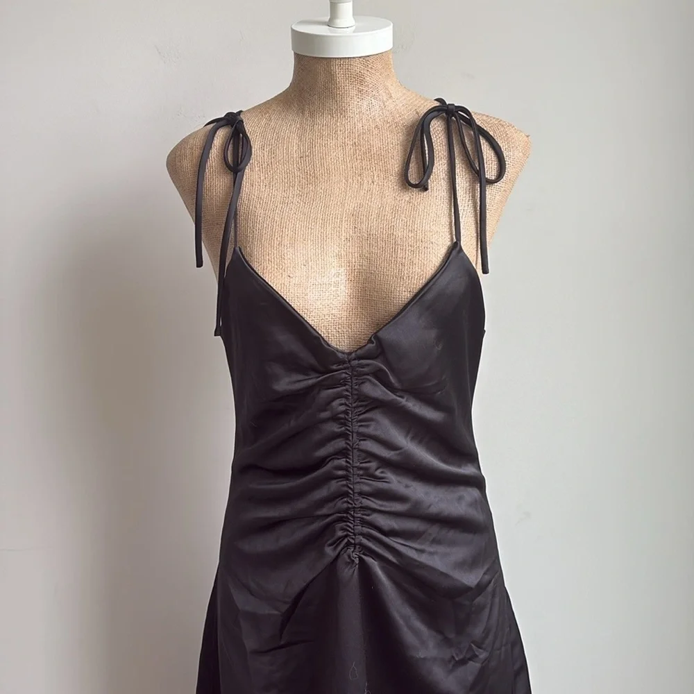 Jason Wu Black Satin Ruched Front Midi Dress Size MEDIUM NWOT
